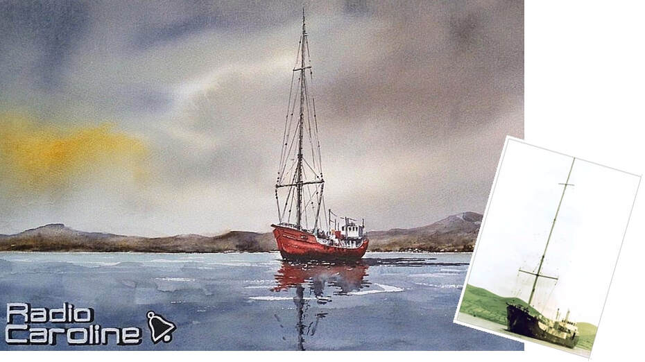 commissioned watercolour painting of the radio caroline ship by roland byrne 