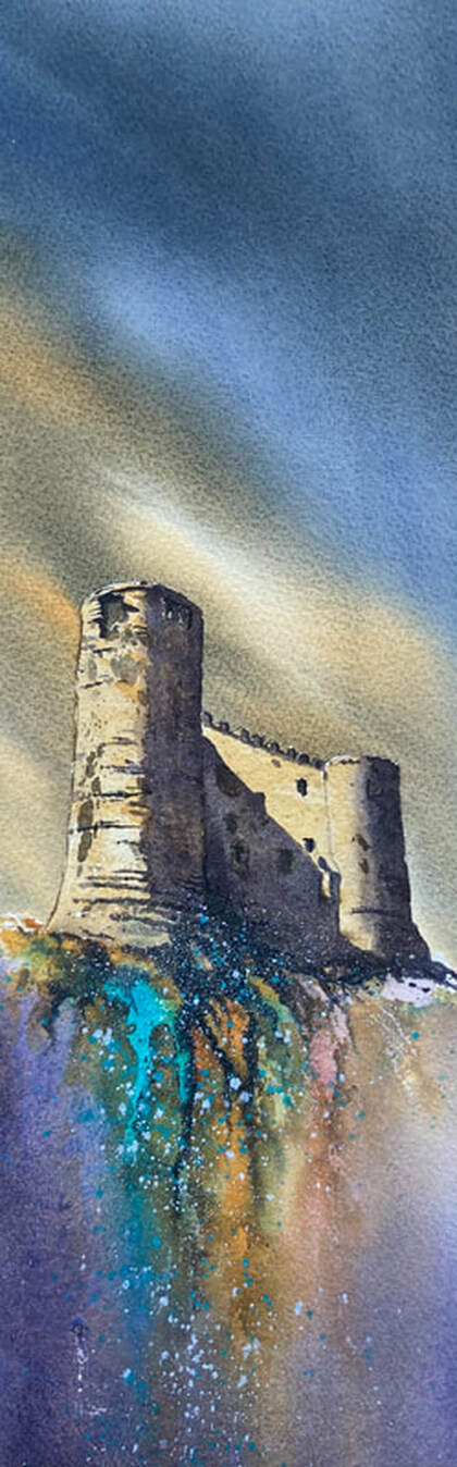 Atmospheric painting of Carlow castle for sale by roland byrne. watercolour painting