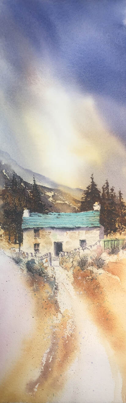 painting of cottage for sale, Irish watercolour painting, loose, atmospheric and rustic. Buy online