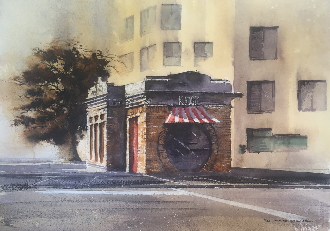 Watercolour painting of a quirky newsagents in Dublin city centre, available for sale.