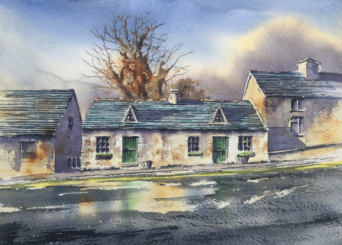 Picture, watercolour painting for sale, painting of ireland, irish art painting, irish artist painting, watercolour painting for sale, paypay option to buy painting, selection of irish watercolours for sale, buy paintings online, scenic, clonegal, weavers cottages, cottage, traditional cottage, roland byrne painting, val byrne, made in carlow, doorway gallery, art gallery