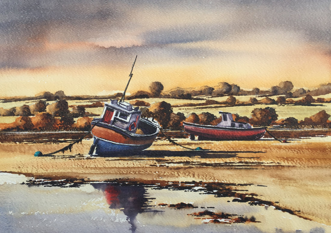 Picture, picture of a painting for sale, image of watercolour landscape for sale, local paintings, wexford art festival, irish art painting, watercolour of irish scene, image of irish fishing boats, boats, fishing, low tide, coastal painting, landscape painting, irish art for sale, painting by artist, how to paint watercolour, roland byrne artist, merrion square artists, merrion square art, art exhibition