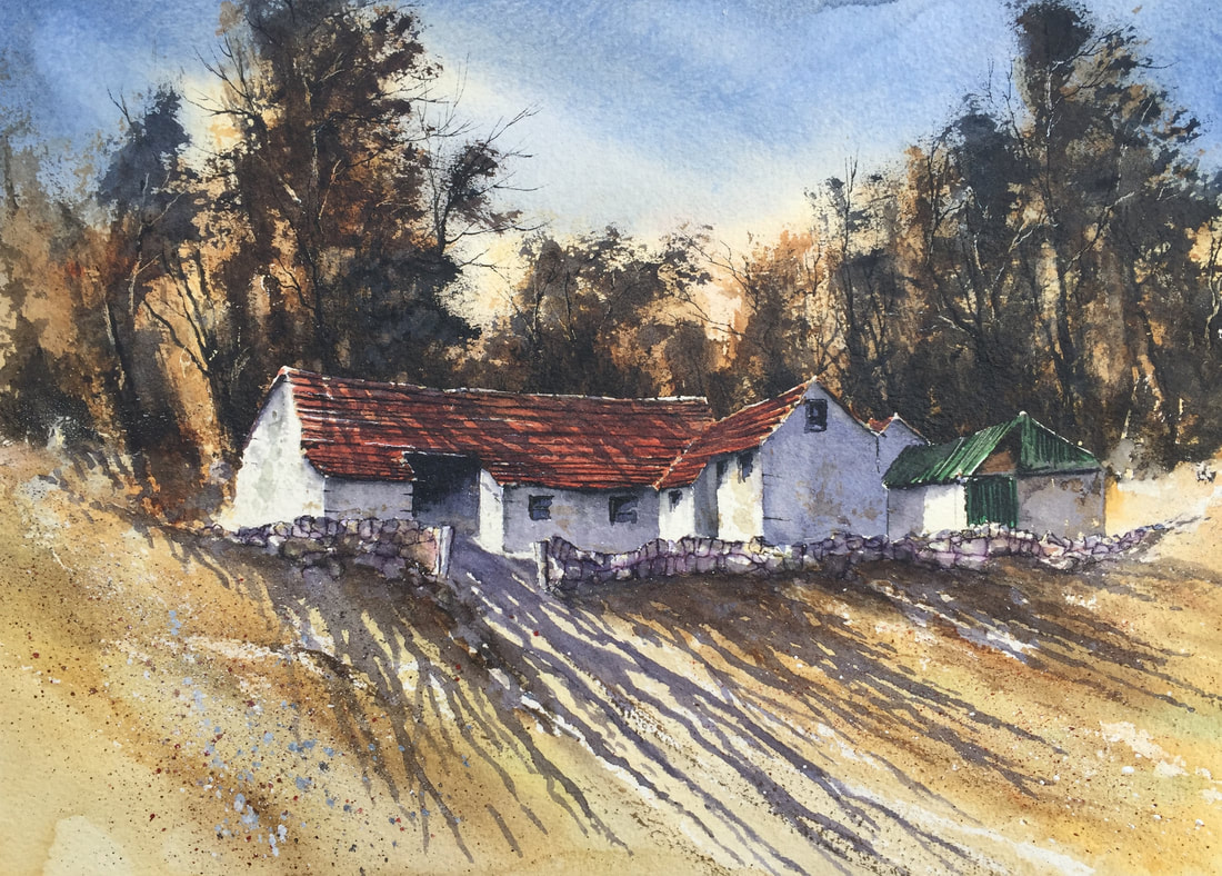 Picture, picture of painting for sale online, buy art online, irish artist watercolour painting, original art work example, farmhouse, farm buildings, painting of trees for sale, texture, stone, light and shadow in a painting, a watercolour for sale, ireland paintings, hi resolution image of a watercolour, ireland, irish, local, painting of carlow, painting of wicklow, painting of ireland